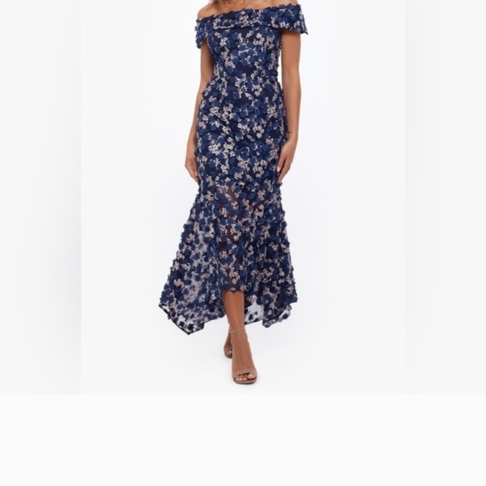 Xscape Navy and White Floral High Low Dress